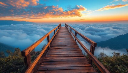 Obraz premium Wooden walkway over clouds at sunrise