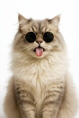 Fluffy Long-Haired Cat Wearing Sunglasses Sticking Out Tongue