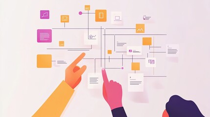 Interactive business strategy visualized on flowchart with human hands working together