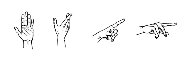 Line Drawings Featuring Hand Gestures, Including Open Palm, Fingers Crossed, and Pointing, Isolated on White Background