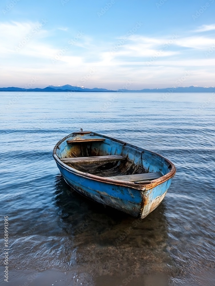 Poster a weathered blue rowboat rests gently in calm lake water, mountains and a tranquil sky forming a ser