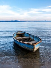Fototapeta premium A weathered blue rowboat rests gently in calm lake water, mountains and a tranquil sky forming a serene backdrop. : Generative AI