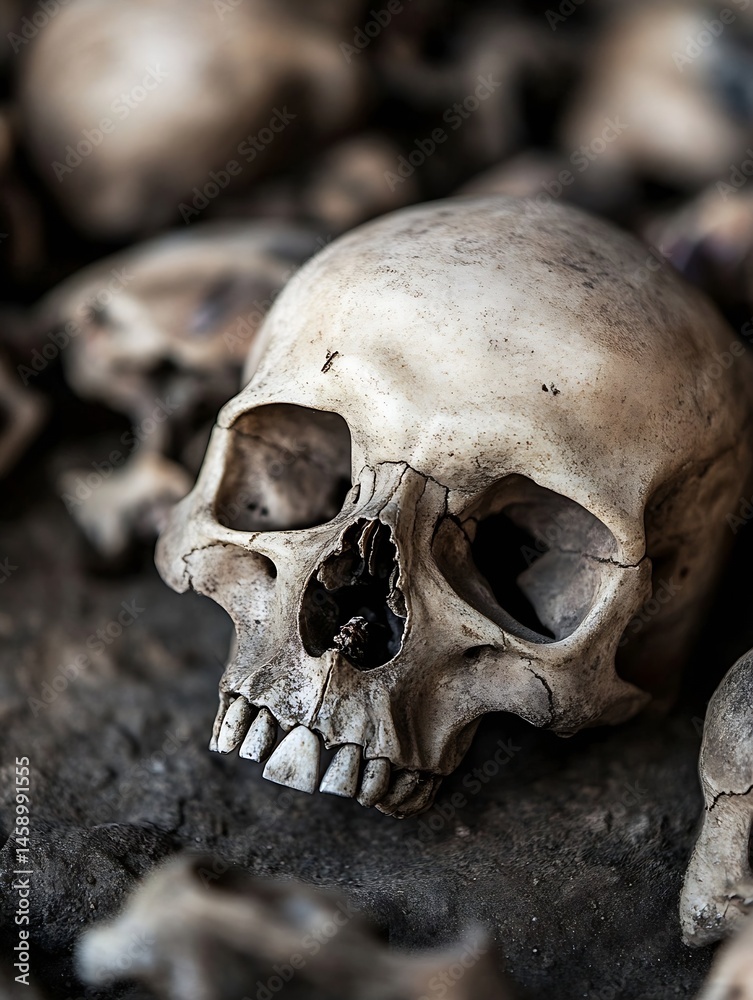 Aufkleber close-up view of a weathered human skull, showing detail of bone texture and teeth, amongst a pile o