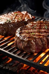 Close-up 3D render of sizzling beef steaks on a hot grill, juicy texture with grill marks, smoke rising, glowing embers underneath, dramatic lighting with black background,Generative Ai
