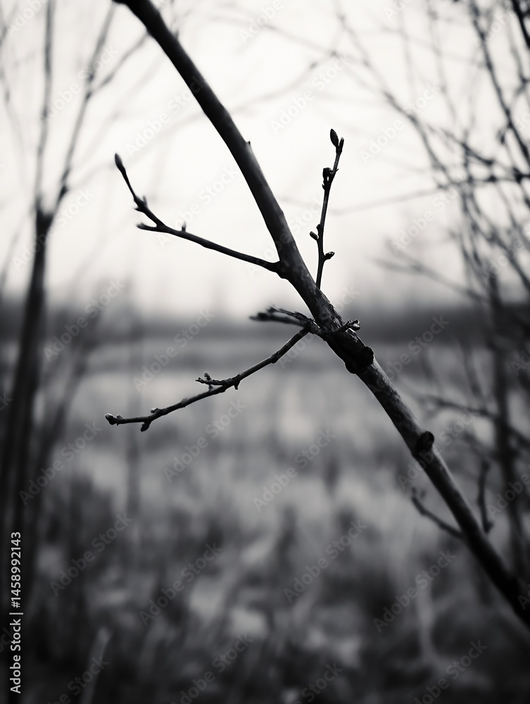 Poster Close-up of a slender, dark branch with tiny buds, set against a blurred grayscale background of winter trees and a hazy landscape. : Generative AI
