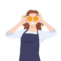 Cheerful woman in an apron playfully holds two orange halves over her eyes like goggles. Flat vector illustration isolated on white background