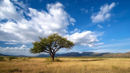 Lone tree stands in golden savanna under a vibrant blue sky, fluffy white clouds drift overhead, distant mountains form a scenic backdrop. : Generative AI