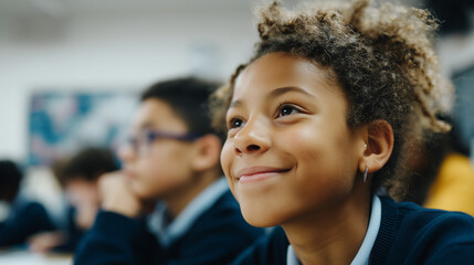 Obraz premium A bright classroom where students are happily using free learning materials provided through public education funding, close up shot, space for text 