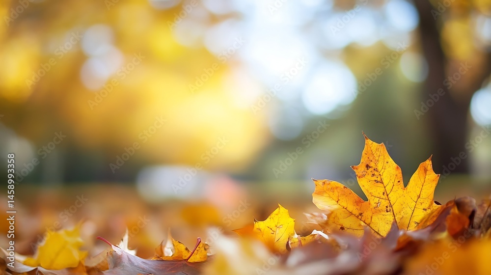 Aufkleber close-up of a vibrant yellow maple leaf resting on a bed of fallen autumn leaves, bathed in soft sun
