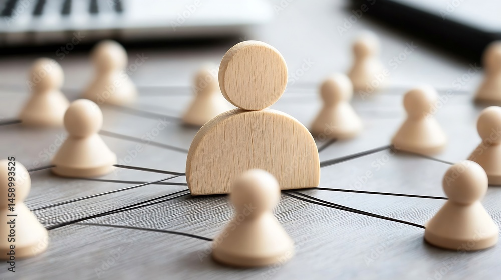 Poster wooden figures represent a network, illustrating connections and teamwork within a business or organ