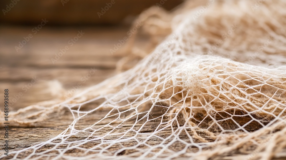 Aufkleber Close-up of delicate, beige netting draped on rustic, brown wooden surface, creating a textured, intricate pattern with soft lighting and shallow depth of field. : Generative AI