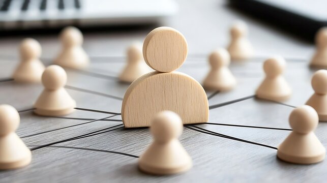 Wooden figures represent a network, illustrating connections and teamwork within a business or organization.  A central figure highlights leadership or a key role. : Generative AI