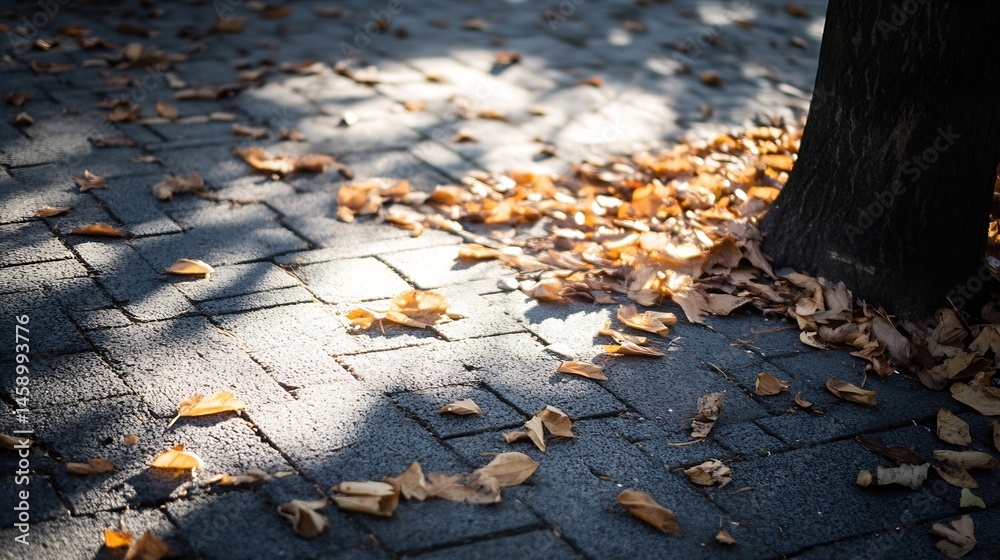 Poster Autumn leaves scattered on a sunlit cobblestone pavement near a tree trunk, creating a serene autumnal scene. : Generative AI