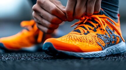 Fototapeta premium Close-up of a Runner Tying Bright Orange Running Shoes