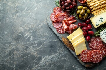 Italian charcuterie board displaying artisan meats and cheeses kitchen setting food photography inviting environment overhead view gourmet experience
