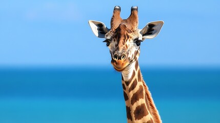 Obraz premium Close-up portrait of a giraffe's head and neck against a vibrant blue ocean backdrop, showcasing its unique spotted pattern and expressive eyes. : Generative AI