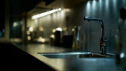 Modern kitchen faucet and counter illuminated dimly.