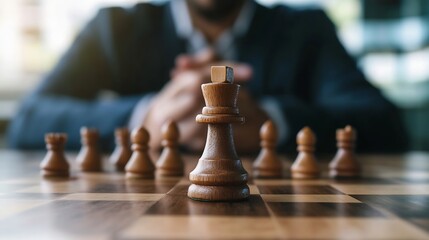 Close-up of a chess king piece on a wooden board, with a blurred businessman in the background, suggesting strategy and leadership. : Generative AI