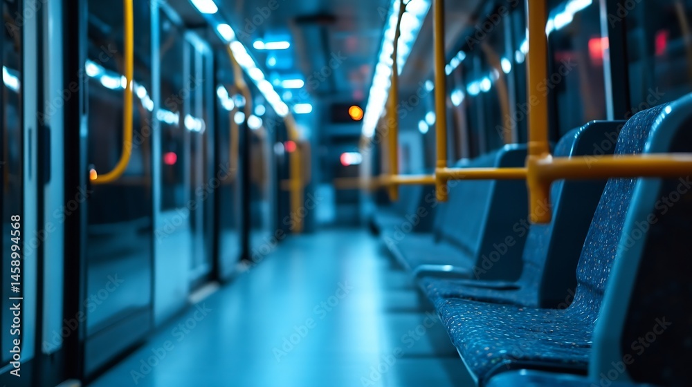 Poster empty subway car interior at night, showing rows of blue seats and yellow handrails, with blurred li