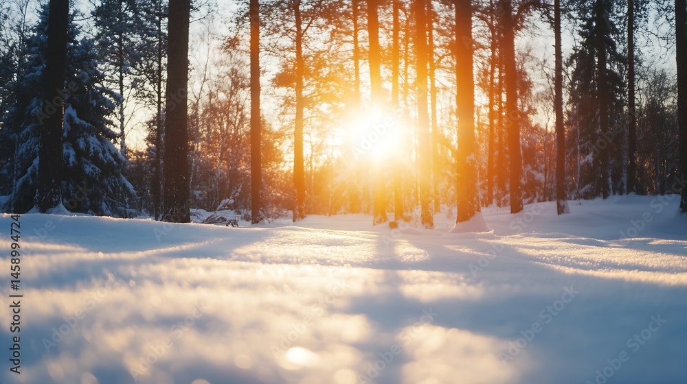 Poster golden sunset illuminating a snowy winter forest, sunlight filtering through pine tree trunks, creat