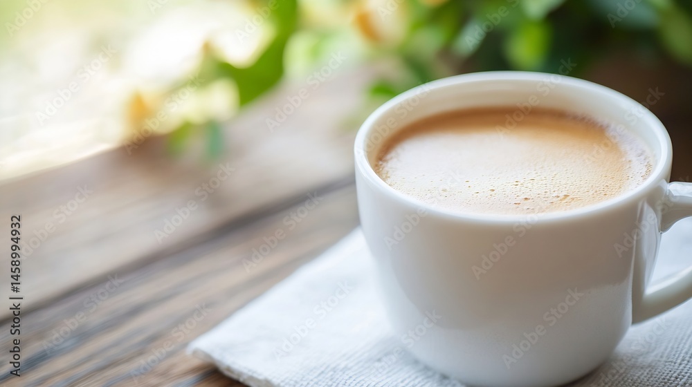 Poster aromatic espresso in a white mug sits on a rustic wooden table, bathed in soft sunlight with blurred