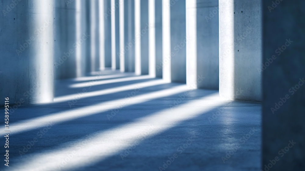 Leinwandbilder Abstract architectural image showcasing parallel concrete pillars casting long shadows on a smooth floor, creating a minimalist and modern design aesthetic. : Generative AI