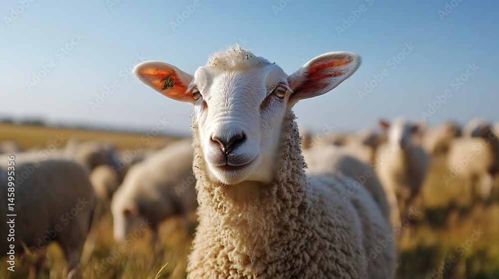 Poster Close-up portrait of a single white sheep, its fluffy fleece highlighted by sunlight, standing in a pasture with a blurred flock of sheep in the background under a clear blue sky. : Generative AI