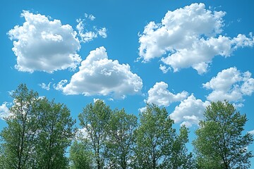 Obraz premium Lush green trees against a vibrant blue sky adorned with fluffy white clouds