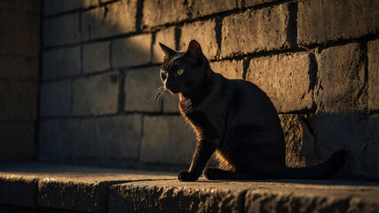 Black Cat Sitting by Cracked Stone Wall in Dramatic Light

