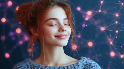 Conceptual AI mind network in woman showing digital brain mapping and artificial intelligence cognition expansion
