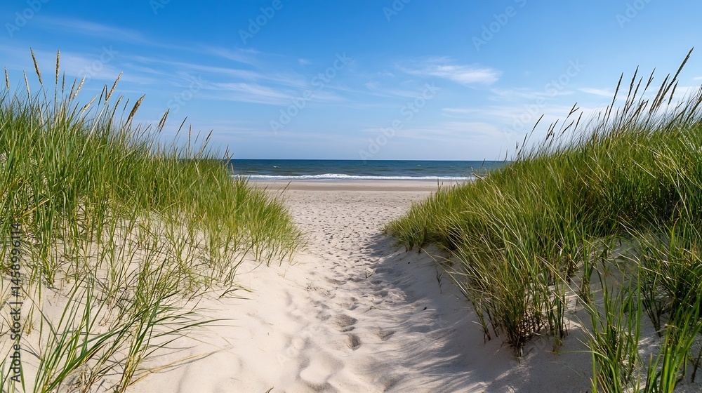 Poster a sandy path through beach grass leads to a tranquil ocean view under a bright summer sky. the scene