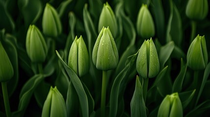 Obraz premium Close-up view of tightly clustered, unfurling green tulip buds.