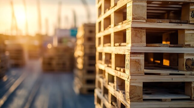 Close-up view of a wooden pallet at sunset, showcasing the intricate details of its construction and the warm golden light illuminating its surface. : Generative AI