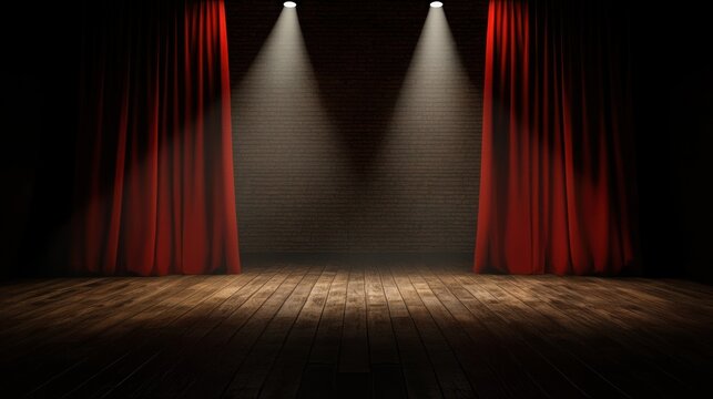 Empty stage red curtains spotlights dramatic scene