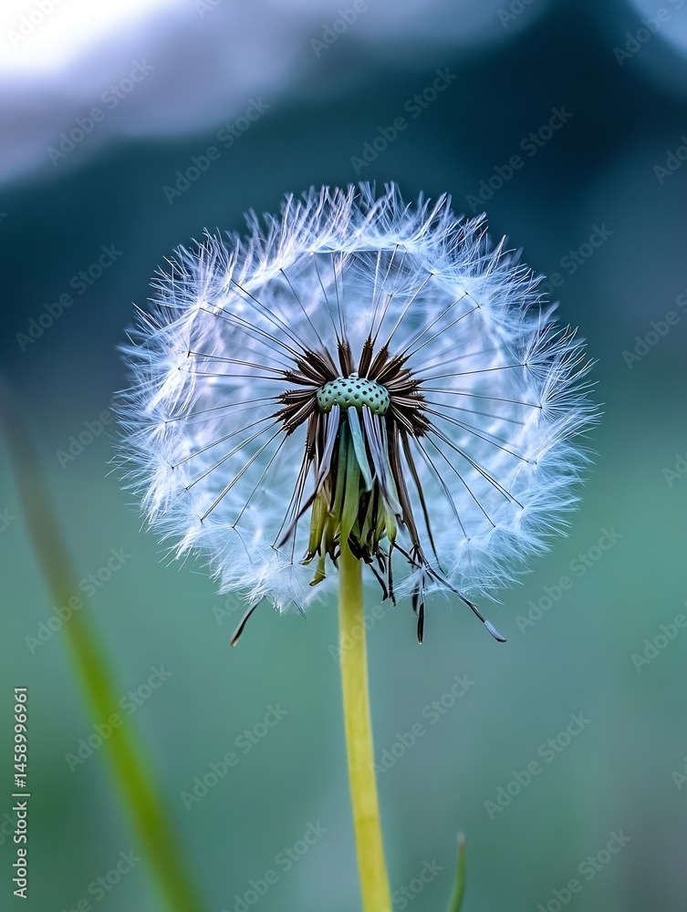 Poster close-up view of a dandelion seed head, showcasing its delicate white seeds and intricate structure 