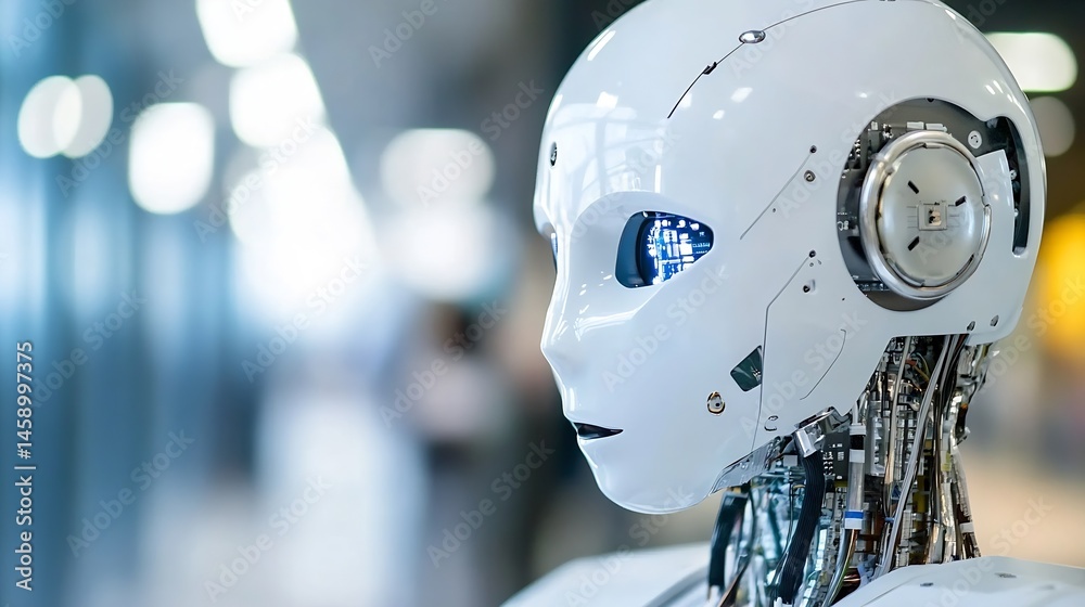 Poster close-up profile view of a futuristic humanoid robot head, showcasing intricate internal circuitry a