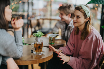 Three friends enjoy a pleasant conversation while drinking tea in a warm, welcoming cafe. The scene captures friendship, relaxation, and connection amidst a lively and comfortable atmosphere.