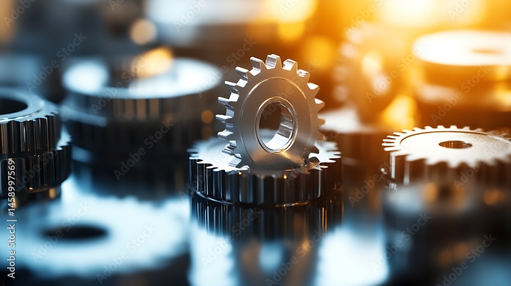 Poster close-up of metallic gears, cogwheels interlocked, reflecting light, showcasing precision engineerin