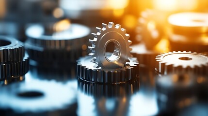 Close-up of metallic gears, cogwheels interlocked, reflecting light, showcasing precision engineering and industrial machinery.  The image evokes themes of teamwork, collaboration, and : Generative AI