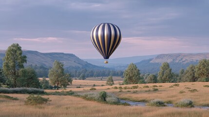 Obraz premium Experience the Magic of a Colorful Hot Air Balloon Soaring Over Lush Green Fields Surrounded by Majestic Mountains