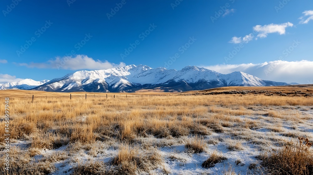 Poster snowy mountain range viewed from a frost-covered field, under a vibrant blue sky. a rustic fence lin