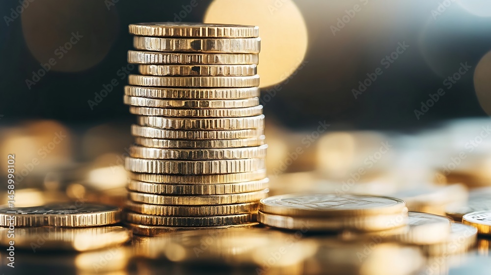 Aufkleber Close-up view of a tall stack of golden coins, sharply in focus, against a bokeh background of warm, blurred lights, suggesting wealth and prosperity. : Generative AI