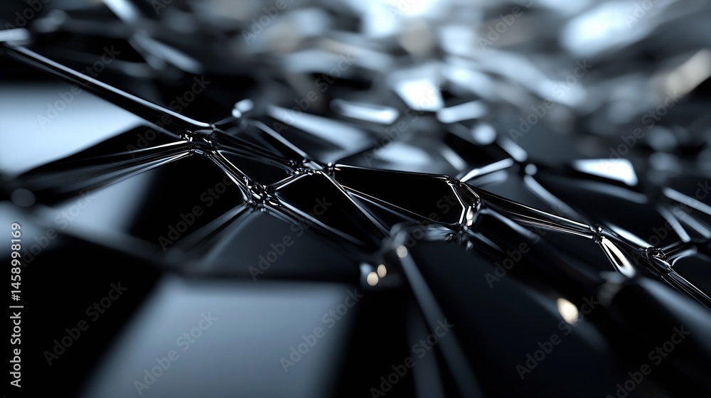 Poster Abstract dark, glossy, fragmented surface, resembling shattered glass or a complex geometric structure.  The image features sharp angles, reflective facets, and deep shadows, creating  : Generative AI