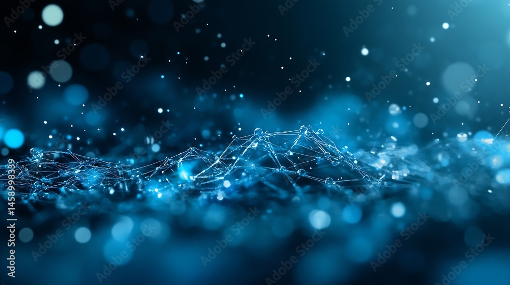 Poster abstract blue network, digital connection, glowing nodes, bokeh lights, futuristic technology, data 