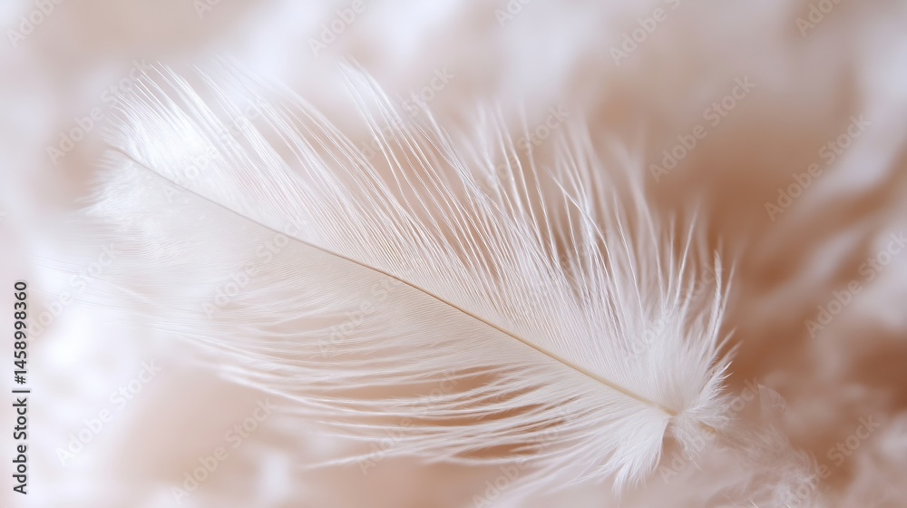 Poster close-up of a single, delicate white feather resting on a soft, peach-colored background, creating a