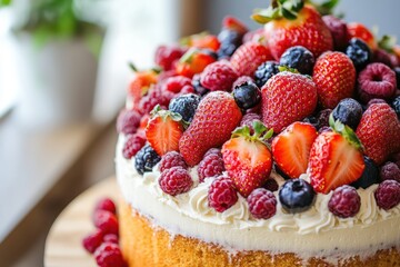 Berry-topped cake with fresh strawberries and fruit