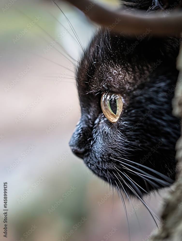 Poster close-up profile view of a black cat's face, its amber eye gleaming with intensity, whiskers extendi