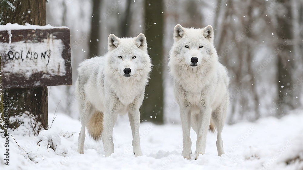 Poster two arctic wolves stand majestically in a snowy forest, their white fur contrasting sharply against 