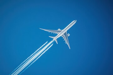 Obraz premium Contrails from airplane crossing clear blue sky