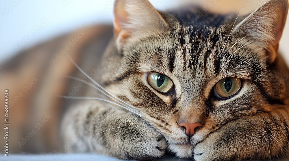 Poster close-up portrait of a tabby cat resting its paws, showcasing its captivating green eyes and soft br